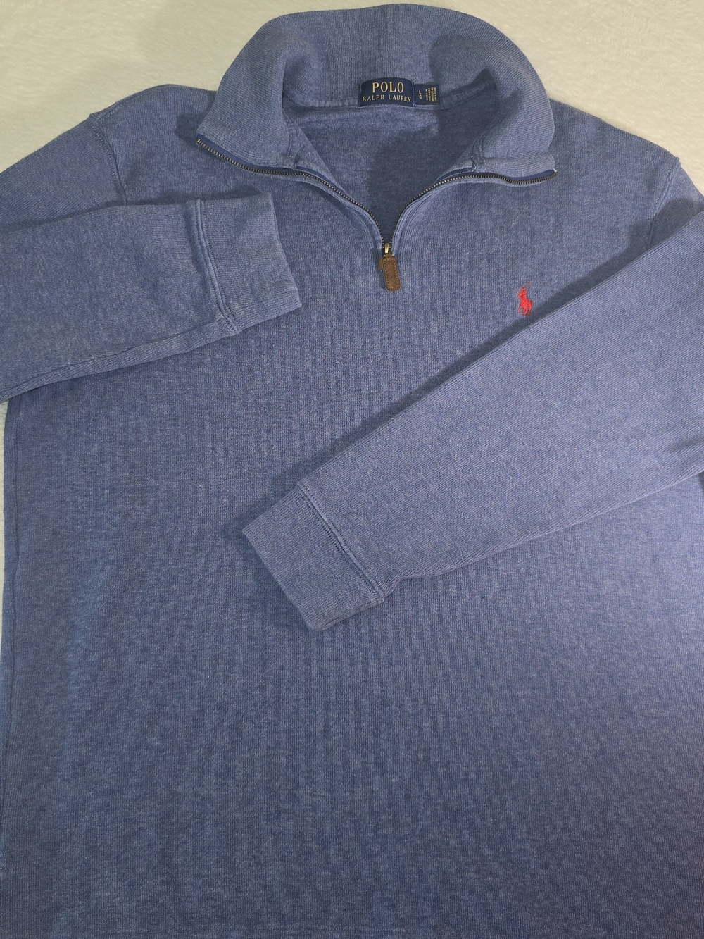 Polo By Ralph Lauren Blue Heather 1/4  Zip Pullover Mens L With Red Pony Preppy